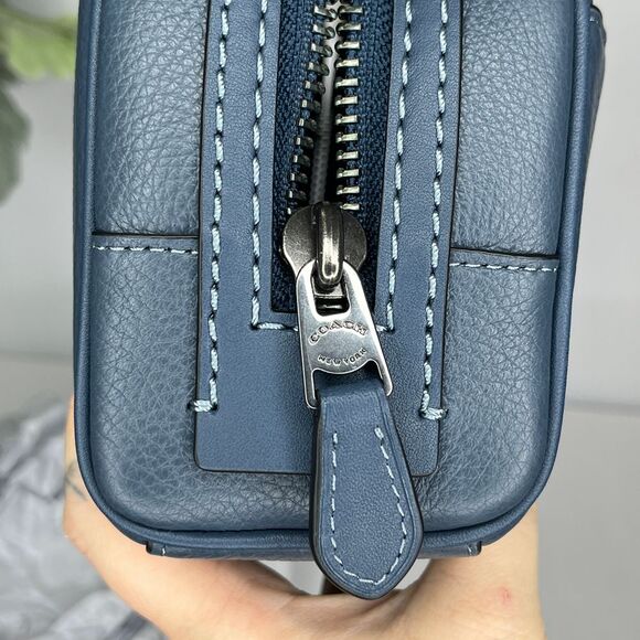 Coach New York Navy Blue Leather Cosmetic Bag, Yellow Fish Print, Dust Bag, NWT - Picture 11 of 13